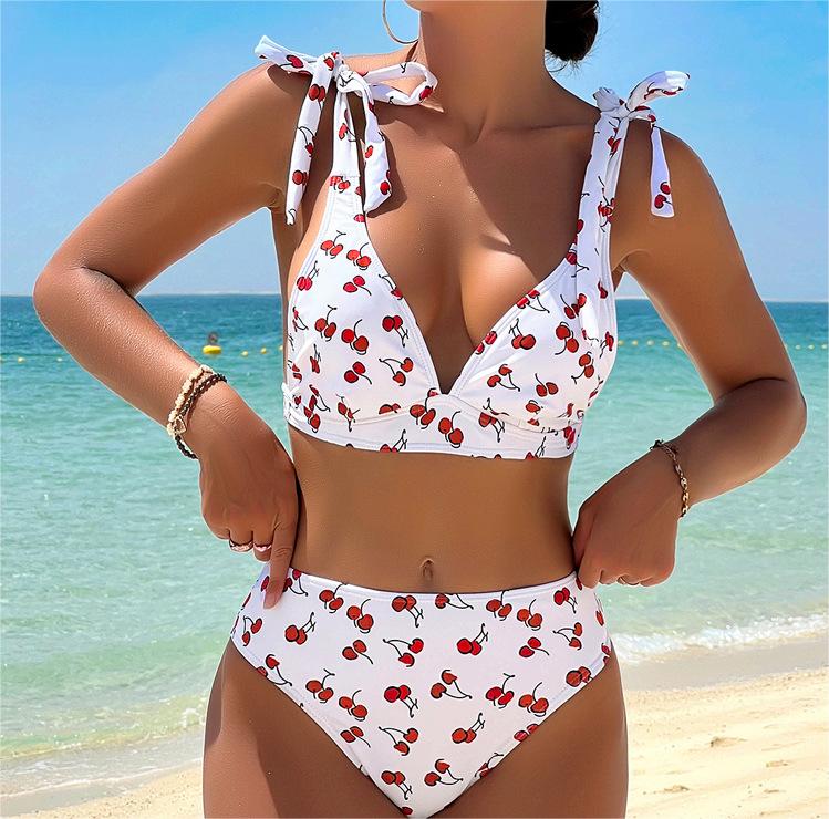 Maillot de bain bikini sexy à taille haute avec nœud et lacets