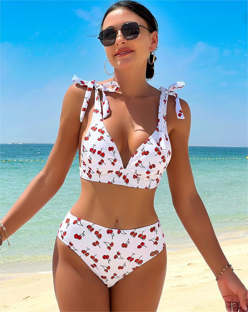 Maillot de bain bikini sexy à taille haute avec nœud et lacets