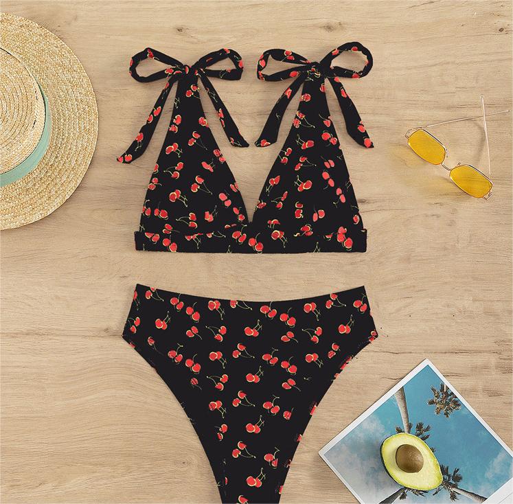 Maillot de bain bikini sexy à taille haute avec nœud et lacets