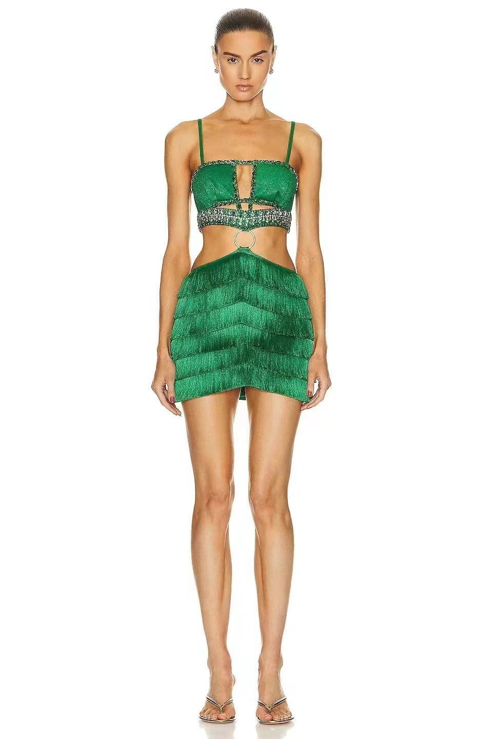 Robe moulante courte sexy printemps évidée sans dos avec anneau métallique et coutures
