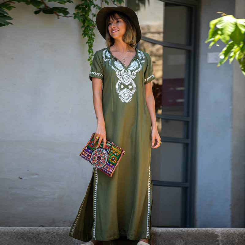 Robe de plage courte brodée vert armée en rayonne pour femme, par-dessus de maillot de bain, vêtement d'extérieur.