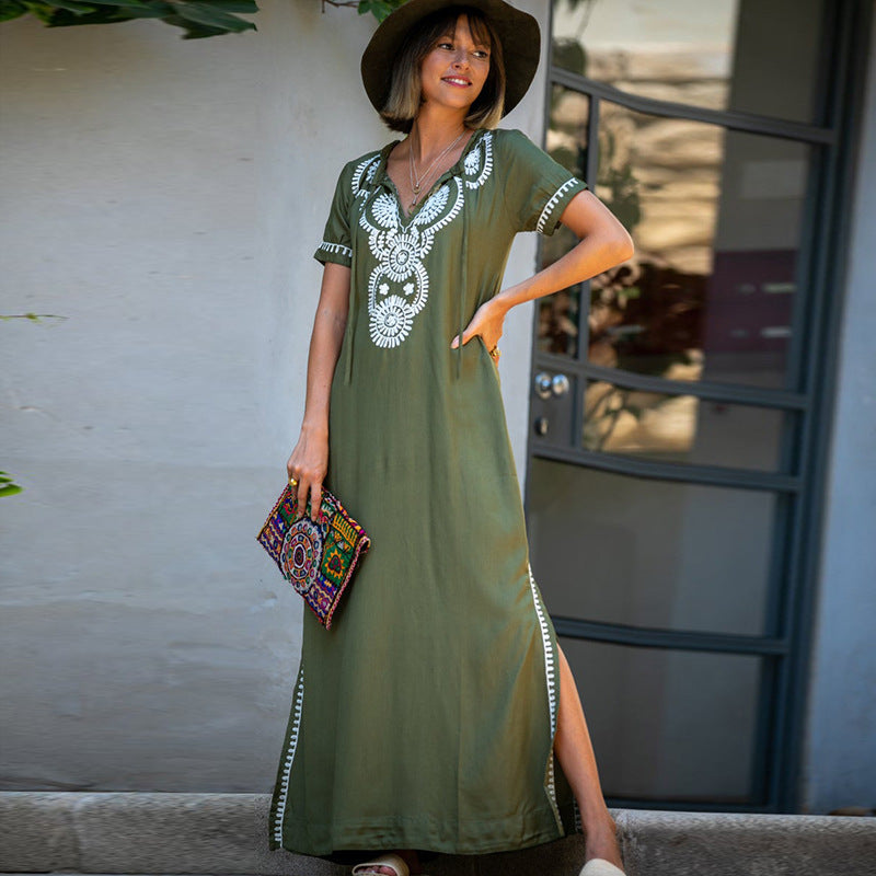 Robe de plage courte brodée vert armée en rayonne pour femme, par-dessus de maillot de bain, vêtement d'extérieur.