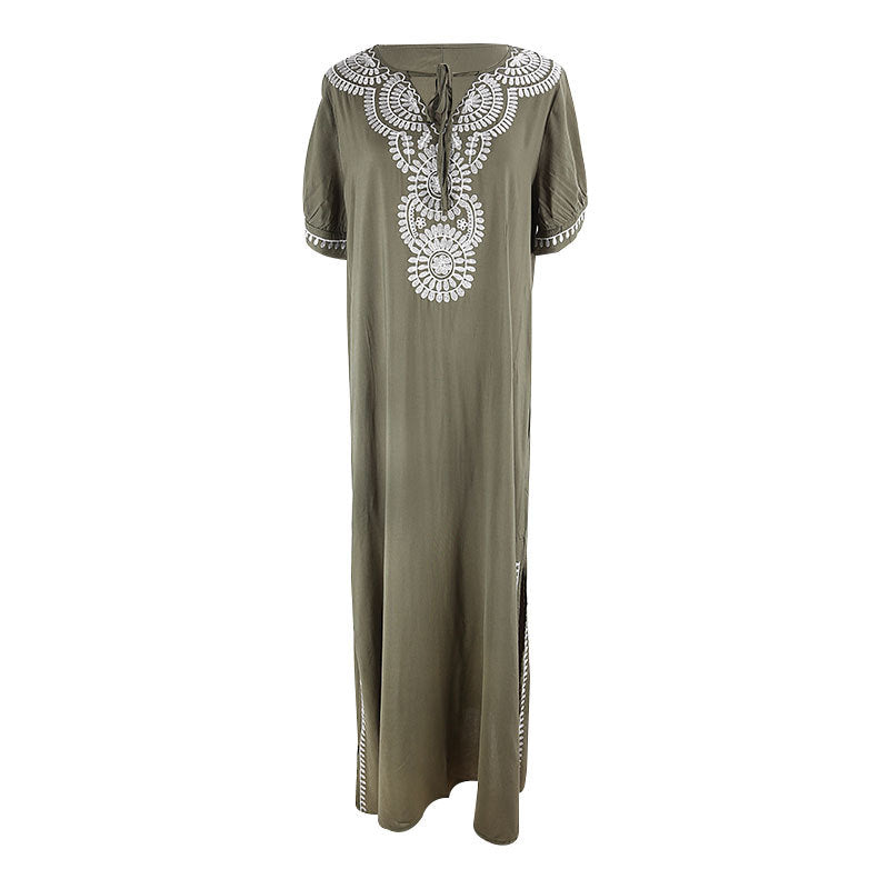 Robe de plage courte brodée vert armée en rayonne pour femme, par-dessus de maillot de bain, vêtement d'extérieur.