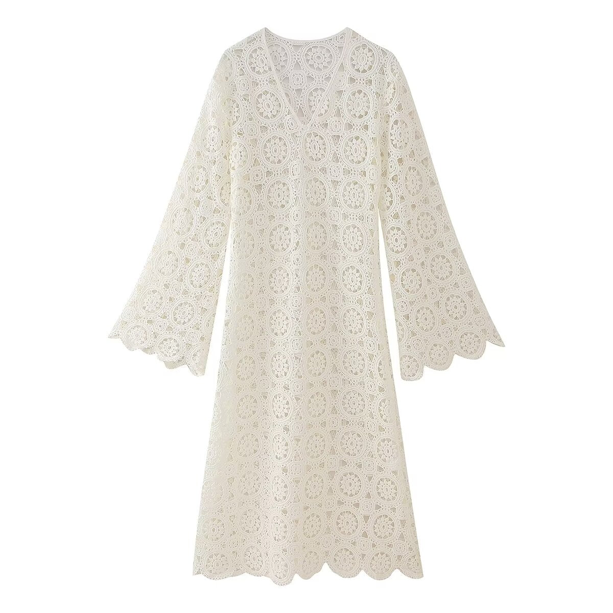 Robe longue femme brodée de dentelle, coupe ajustée, collection printemps