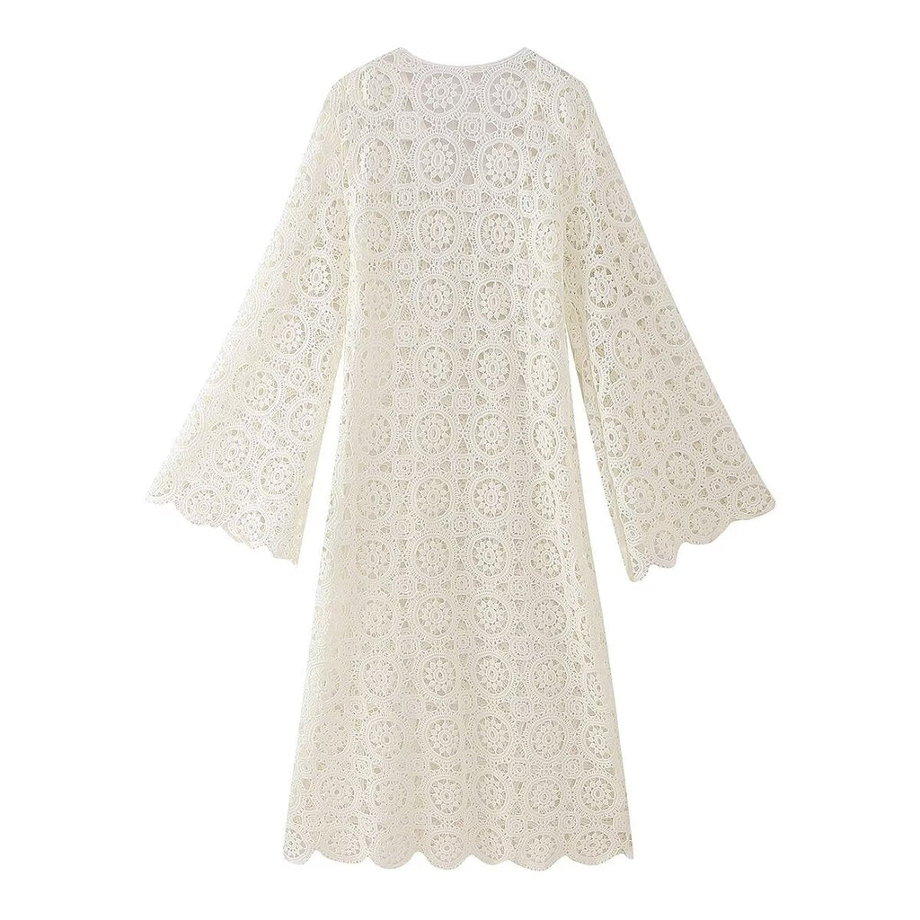 Robe longue femme brodée de dentelle, coupe ajustée, collection printemps