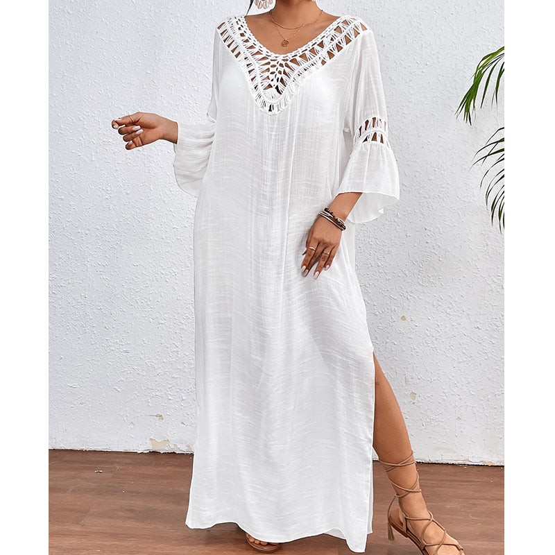 Femmes main crochet couture coloré boule sexy évider dos nu lâche plage longue robe de couverture crochet