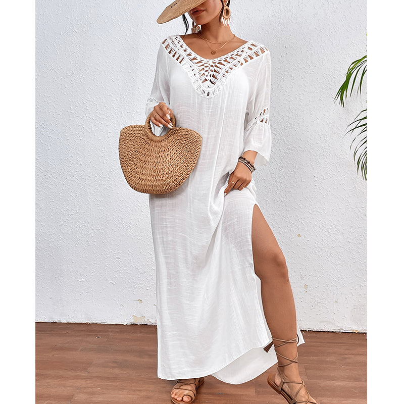 Femmes main crochet couture coloré boule sexy évider dos nu lâche plage longue robe de couverture crochet