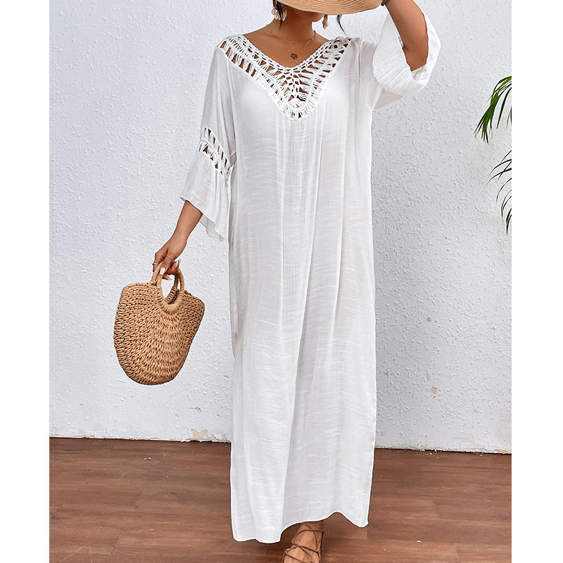 Femmes main crochet couture coloré boule sexy évider dos nu lâche plage longue robe de couverture crochet