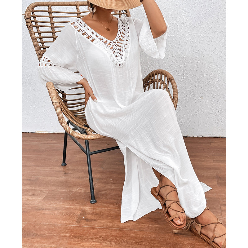 Femmes main crochet couture coloré boule sexy évider dos nu lâche plage longue robe de couverture crochet