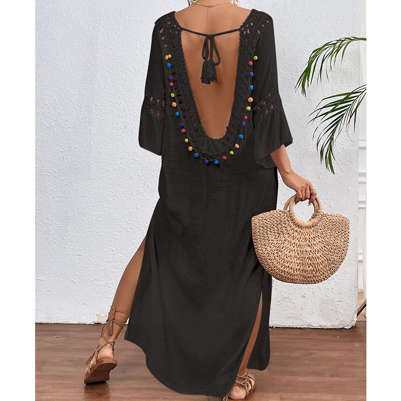 Femmes main crochet couture coloré boule sexy évider dos nu lâche plage longue robe de couverture crochet