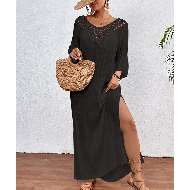 Femmes main crochet couture coloré boule sexy évider dos nu lâche plage longue robe de couverture crochet