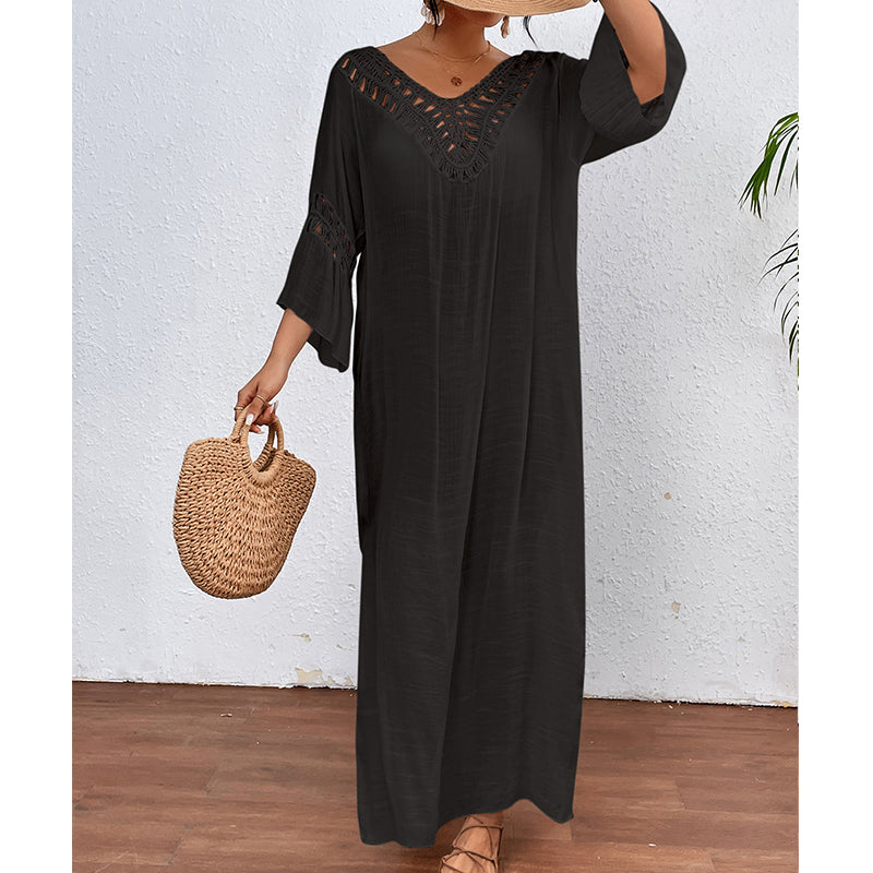 Femmes main crochet couture coloré boule sexy évider dos nu lâche plage longue robe de couverture crochet
