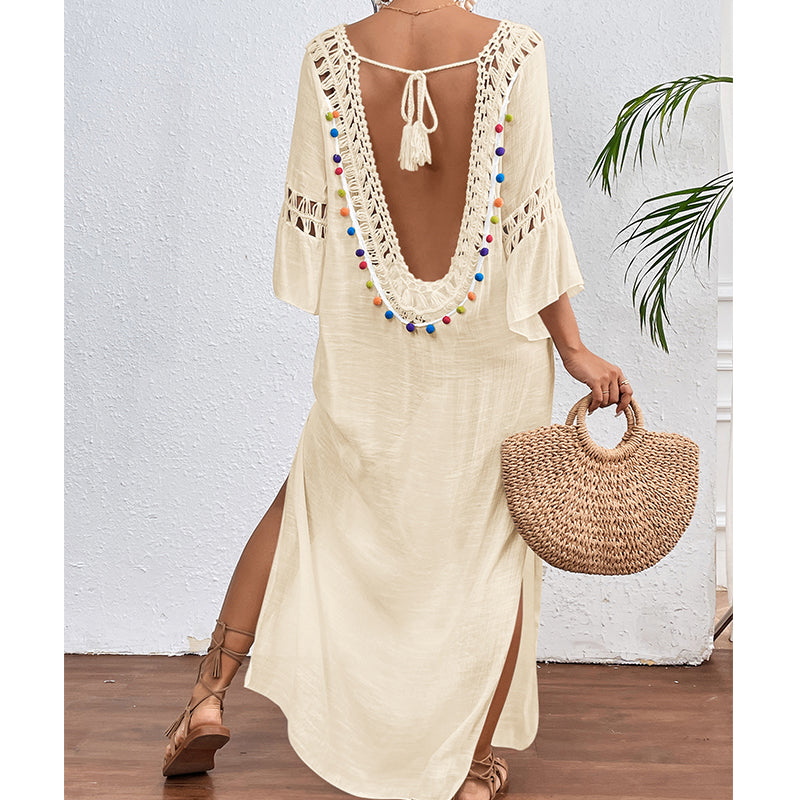 Femmes main crochet couture coloré boule sexy évider dos nu lâche plage longue robe de couverture crochet