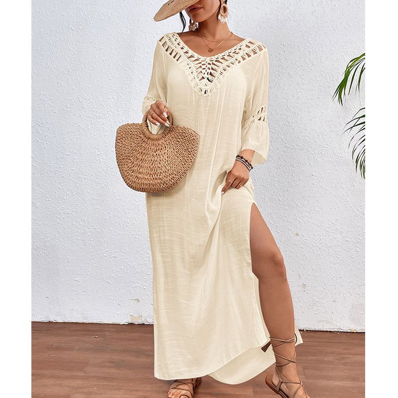 Femmes main crochet couture coloré boule sexy évider dos nu lâche plage longue robe de couverture crochet