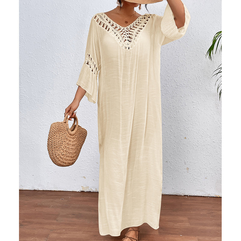 Femmes main crochet couture coloré boule sexy évider dos nu lâche plage longue robe de couverture crochet