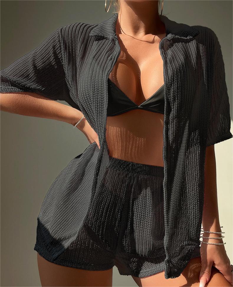 Schwarze Cutout-Bluse, geteilte Boxer-Bikini-Bademode für Damen