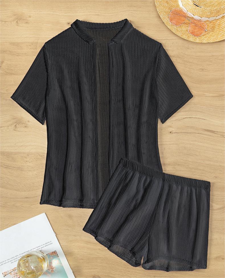 Schwarze Cutout-Bluse, geteilte Boxer-Bikini-Bademode für Damen