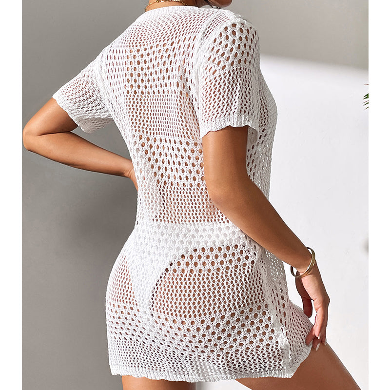 Vêtements pour femmes sexy ajouré à manches courtes, décontracté, cache-maillot de bain, chemisier de protection solaire pour la plage, au crochet.