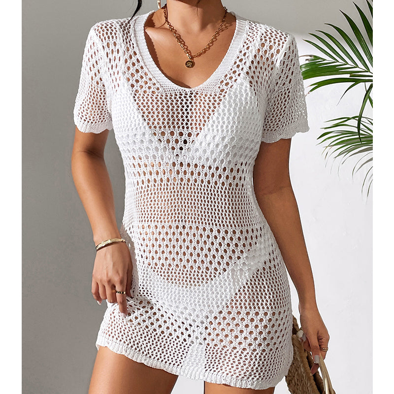 Vêtements pour femmes sexy ajouré à manches courtes, décontracté, cache-maillot de bain, chemisier de protection solaire pour la plage, au crochet.