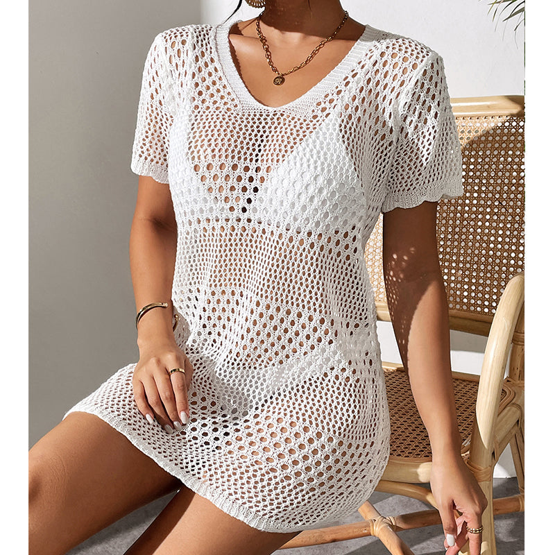 Vêtements pour femmes sexy ajouré à manches courtes, décontracté, cache-maillot de bain, chemisier de protection solaire pour la plage, au crochet.