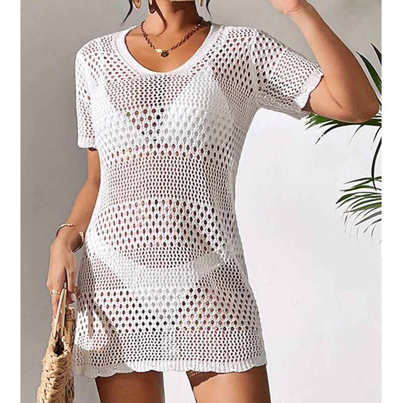Vêtements pour femmes sexy ajouré à manches courtes, décontracté, cache-maillot de bain, chemisier de protection solaire pour la plage, au crochet.