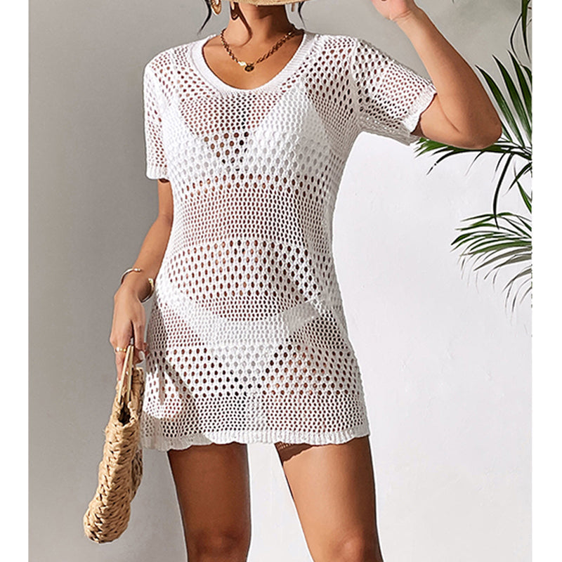 Vêtements pour femmes sexy ajouré à manches courtes, décontracté, cache-maillot de bain, chemisier de protection solaire pour la plage, au crochet.