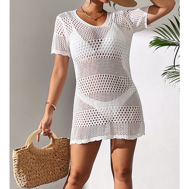 Vêtements pour femmes sexy ajouré à manches courtes, décontracté, cache-maillot de bain, chemisier de protection solaire pour la plage, au crochet.