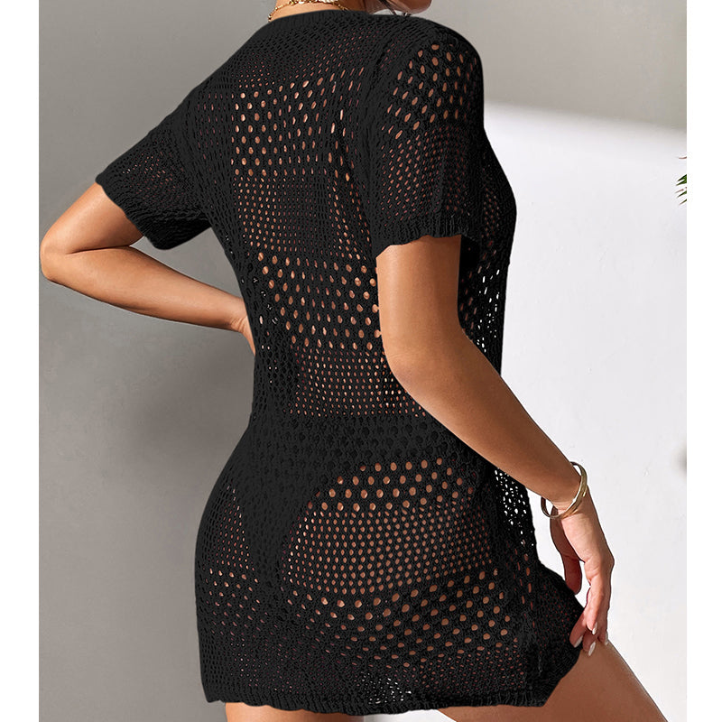 Vêtements pour femmes sexy ajouré à manches courtes, décontracté, cache-maillot de bain, chemisier de protection solaire pour la plage, au crochet.