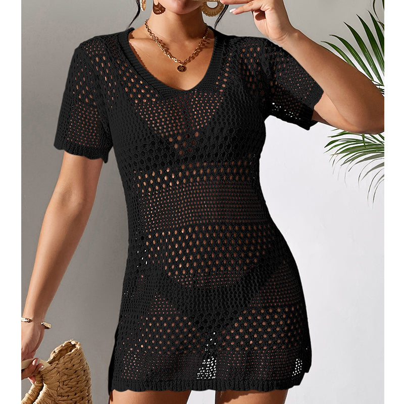 Vêtements pour femmes sexy ajouré à manches courtes, décontracté, cache-maillot de bain, chemisier de protection solaire pour la plage, au crochet.