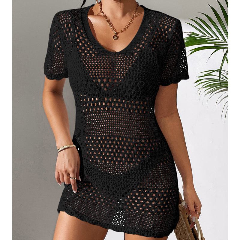 Vêtements pour femmes sexy ajouré à manches courtes, décontracté, cache-maillot de bain, chemisier de protection solaire pour la plage, au crochet.