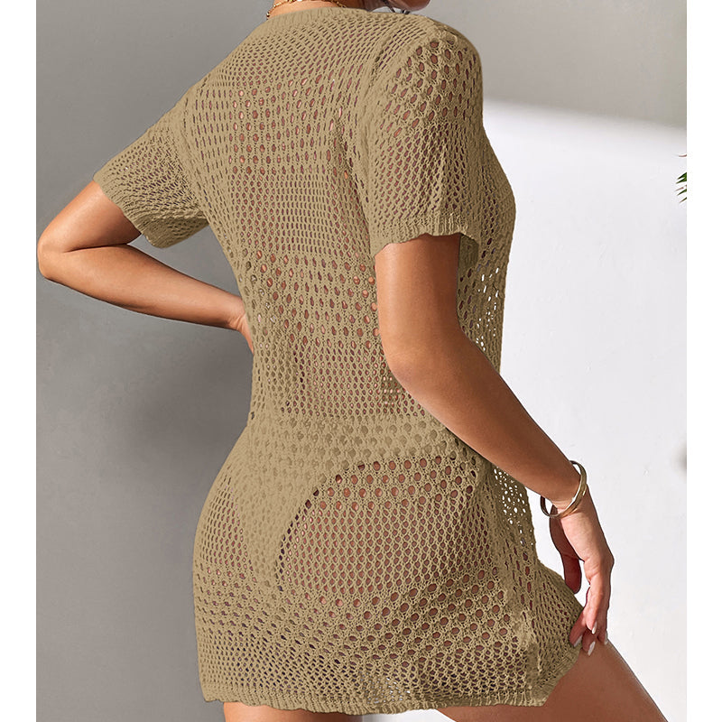 Vêtements pour femmes sexy ajouré à manches courtes, décontracté, cache-maillot de bain, chemisier de protection solaire pour la plage, au crochet.