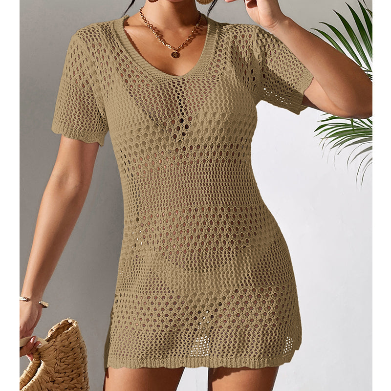 Vêtements pour femmes sexy ajouré à manches courtes, décontracté, cache-maillot de bain, chemisier de protection solaire pour la plage, au crochet.