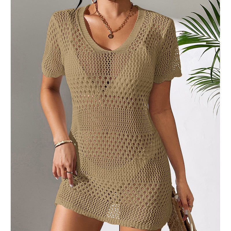 Vêtements pour femmes sexy ajouré à manches courtes, décontracté, cache-maillot de bain, chemisier de protection solaire pour la plage, au crochet.