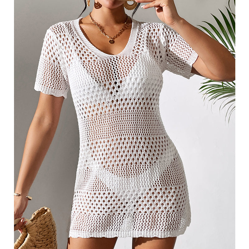 Vêtements pour femmes sexy ajouré à manches courtes, décontracté, cache-maillot de bain, chemisier de protection solaire pour la plage, au crochet.