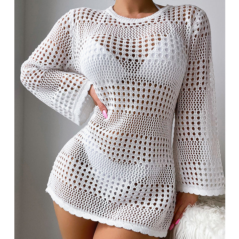 Urlaub Lässig Aushöhlen Cutout Langarm Pullover Einfarbig Sonnenschutz Shirt Mittellang Strand Vertuschung Häkelnadel