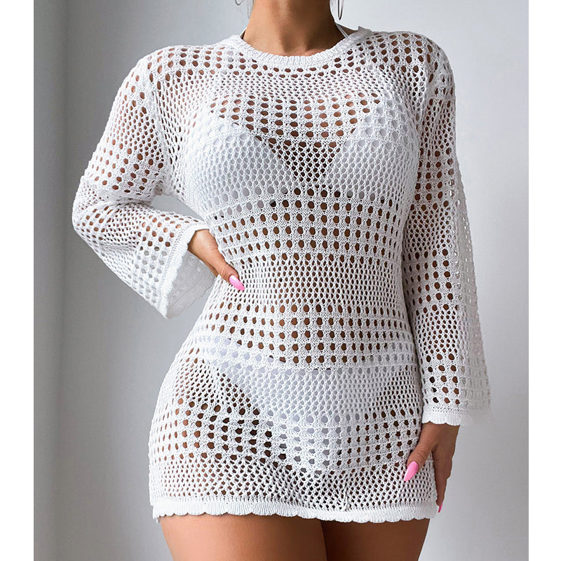 Urlaub Lässig Aushöhlen Cutout Langarm Pullover Einfarbig Sonnenschutz Shirt Mittellang Strand Vertuschung Häkelnadel