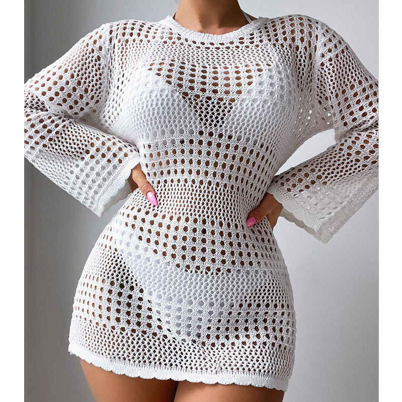 Urlaub Lässig Aushöhlen Cutout Langarm Pullover Einfarbig Sonnenschutz Shirt Mittellang Strand Vertuschung Häkelnadel