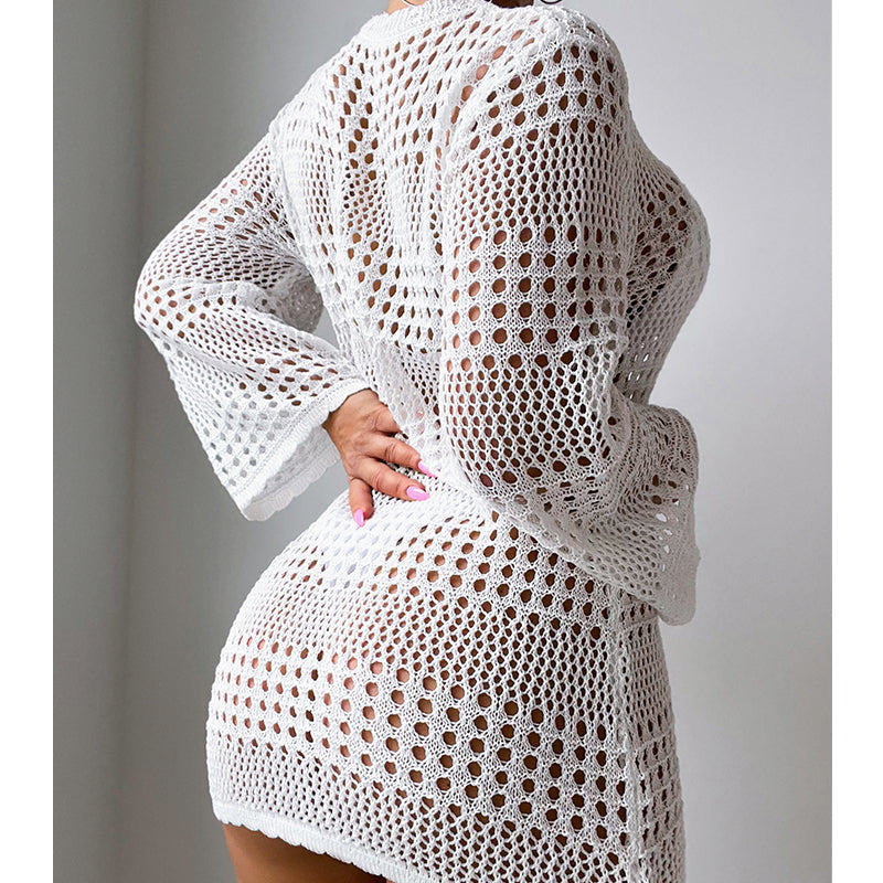 Urlaub Lässig Aushöhlen Cutout Langarm Pullover Einfarbig Sonnenschutz Shirt Mittellang Strand Vertuschung Häkelnadel