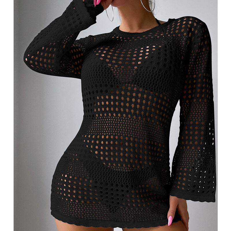 Urlaub Lässig Aushöhlen Cutout Langarm Pullover Einfarbig Sonnenschutz Shirt Mittellang Strand Vertuschung Häkelnadel