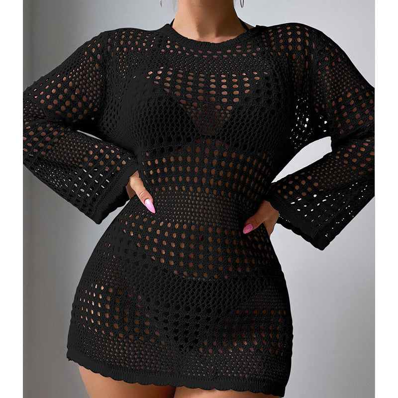 Urlaub Lässig Aushöhlen Cutout Langarm Pullover Einfarbig Sonnenschutz Shirt Mittellang Strand Vertuschung Häkelnadel