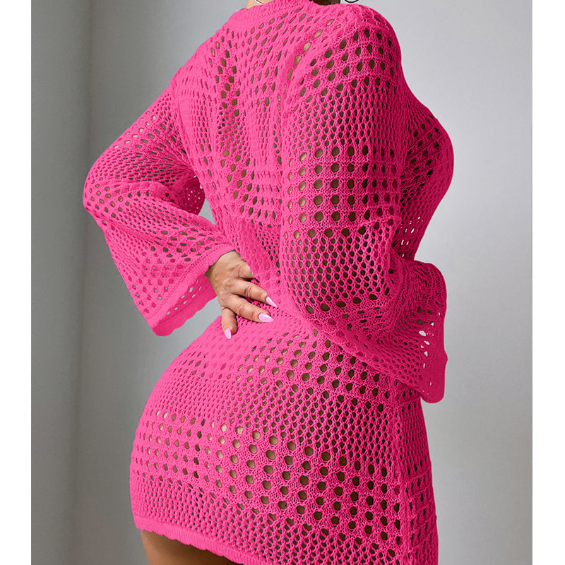 Urlaub Lässig Aushöhlen Cutout Langarm Pullover Einfarbig Sonnenschutz Shirt Mittellang Strand Vertuschung Häkelnadel