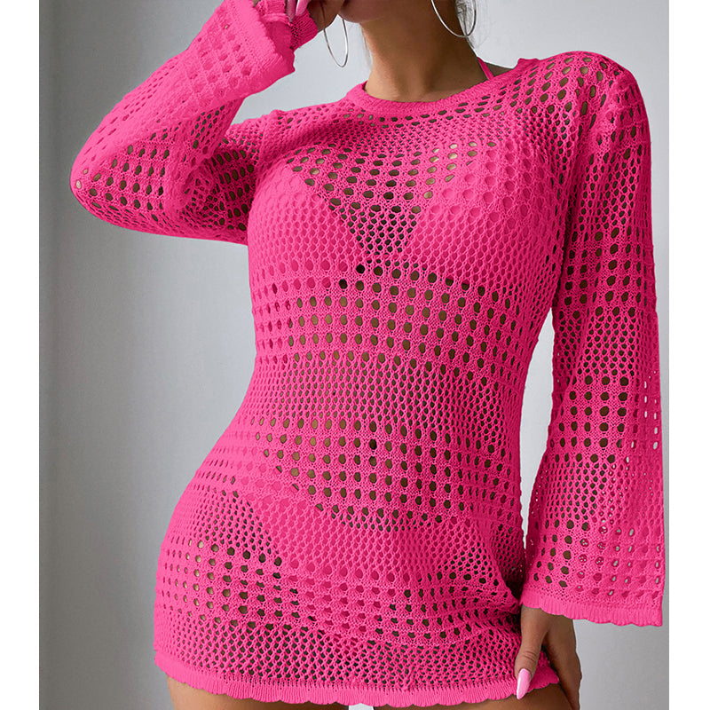 Urlaub Lässig Aushöhlen Cutout Langarm Pullover Einfarbig Sonnenschutz Shirt Mittellang Strand Vertuschung Häkelnadel