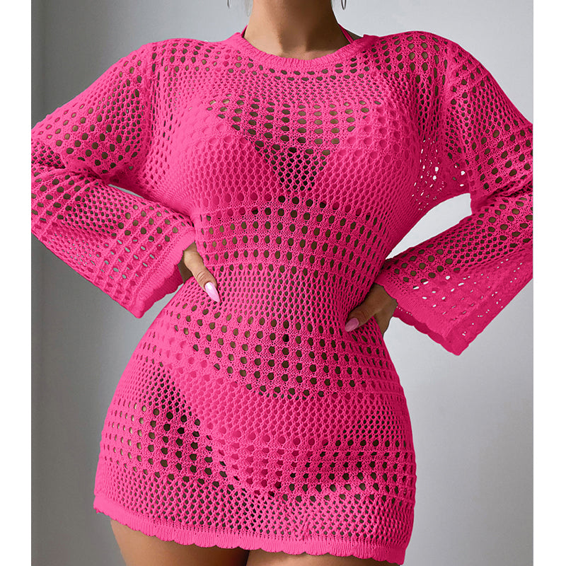 Urlaub Lässig Aushöhlen Cutout Langarm Pullover Einfarbig Sonnenschutz Shirt Mittellang Strand Vertuschung Häkelnadel