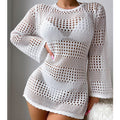 Urlaub Lässig Aushöhlen Cutout Langarm Pullover Einfarbig Sonnenschutz Shirt Mittellang Strand Vertuschung Häkelnadel
