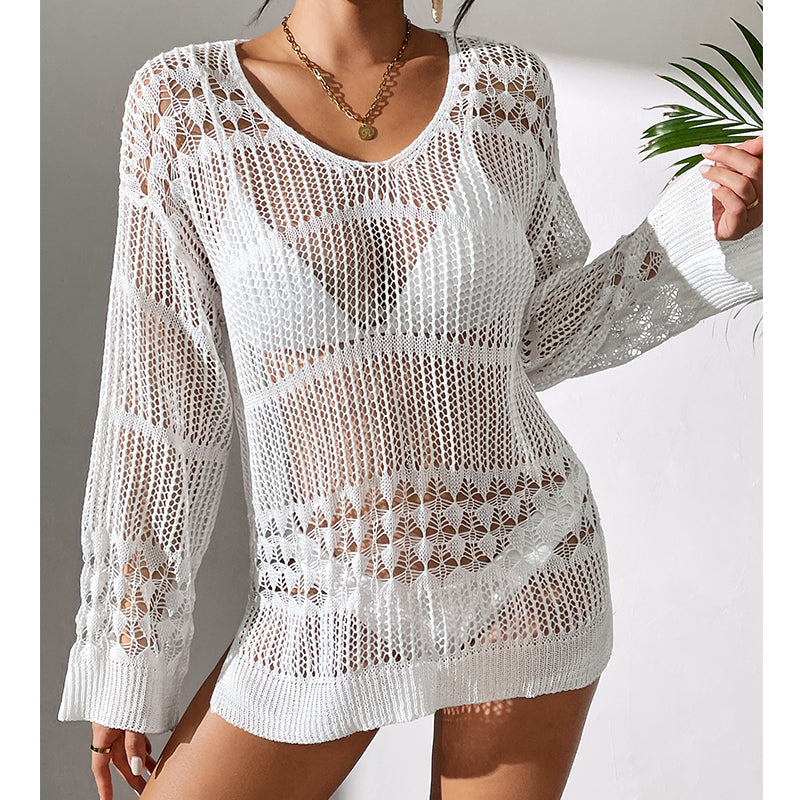 Haut de plage mi-long en maille creuse texturée ample à protection solaire avec crochet.