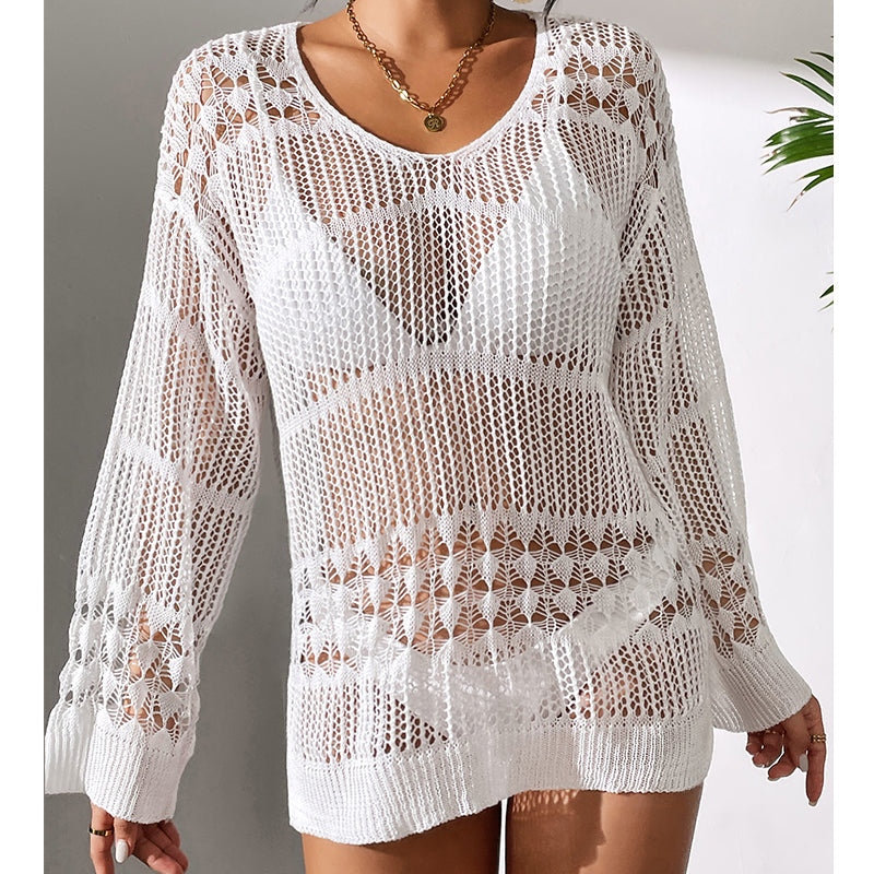 Haut de plage mi-long en maille creuse texturée ample à protection solaire avec crochet.