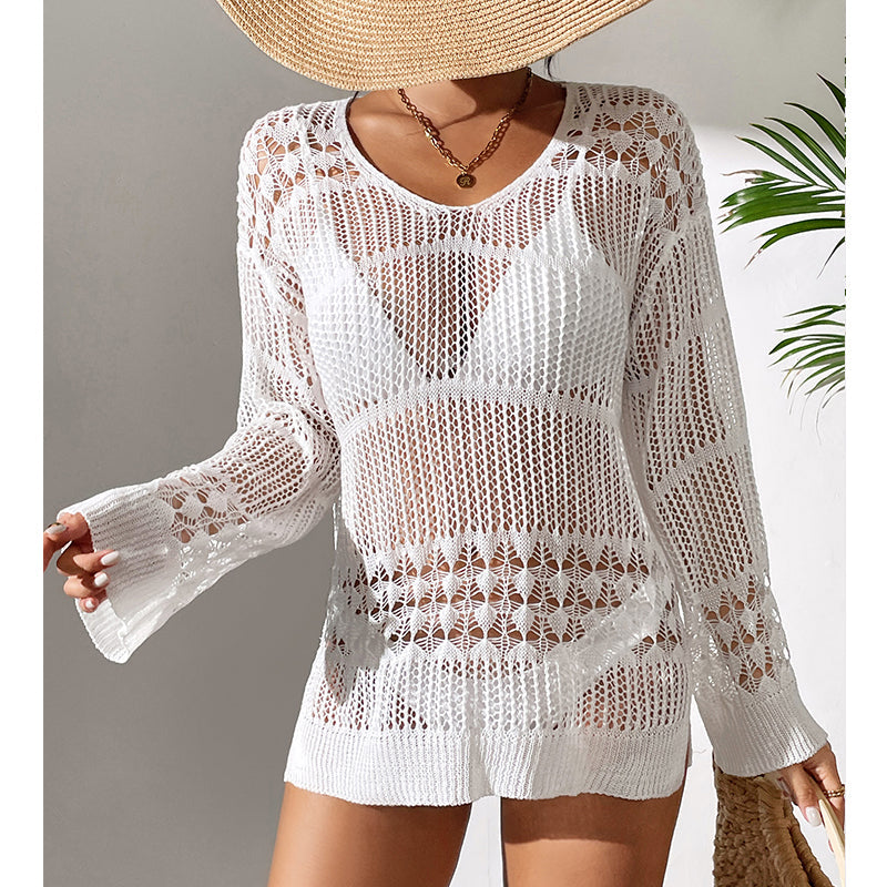 Haut de plage mi-long en maille creuse texturée ample à protection solaire avec crochet.