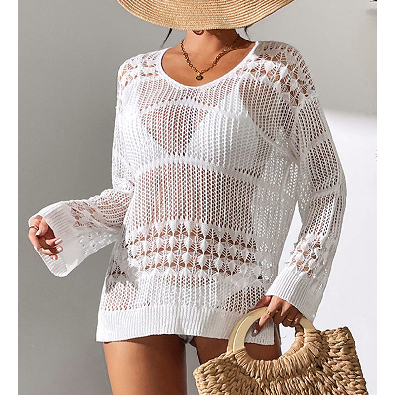 Haut de plage mi-long en maille creuse texturée ample à protection solaire avec crochet.