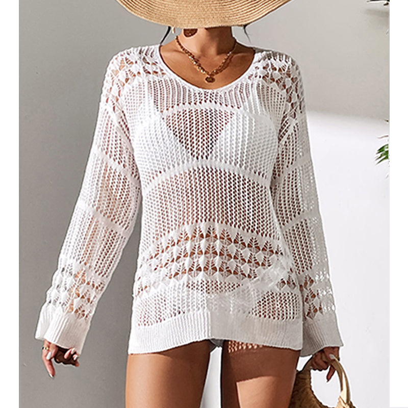 Haut de plage mi-long en maille creuse texturée ample à protection solaire avec crochet.