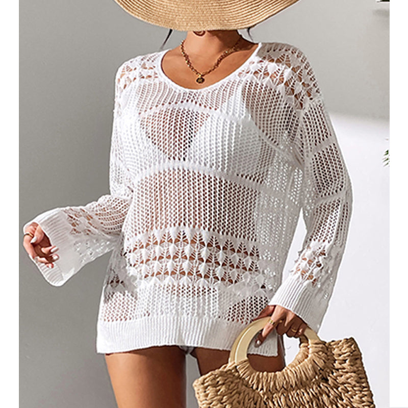 Haut de plage mi-long en maille creuse texturée ample à protection solaire avec crochet.
